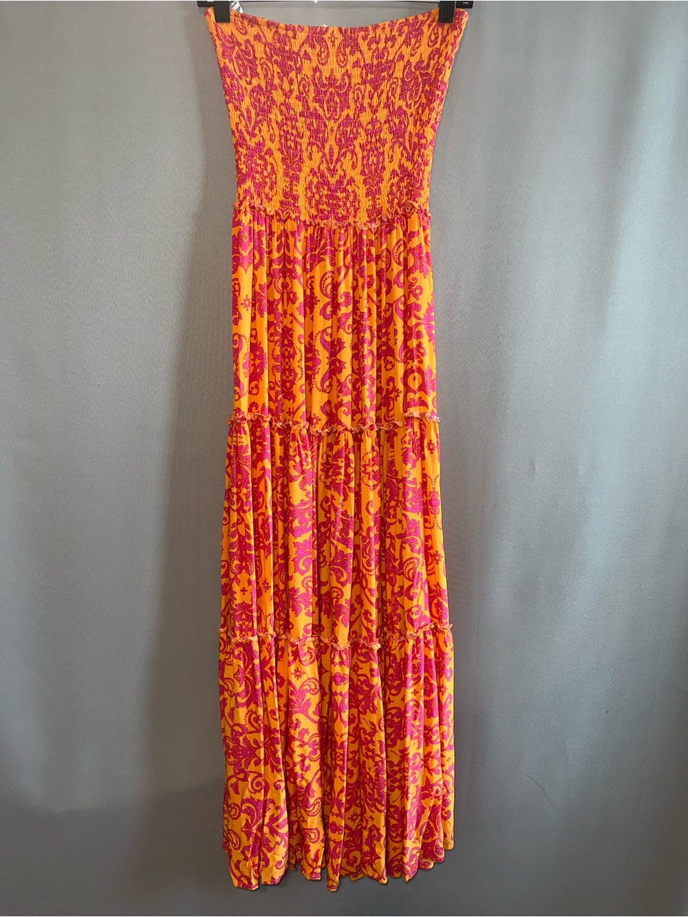 Abel The Label Bondi Strapless Smocked Tiered Maxi Dress Orange Pink Paisley M - Picture 3 of 7